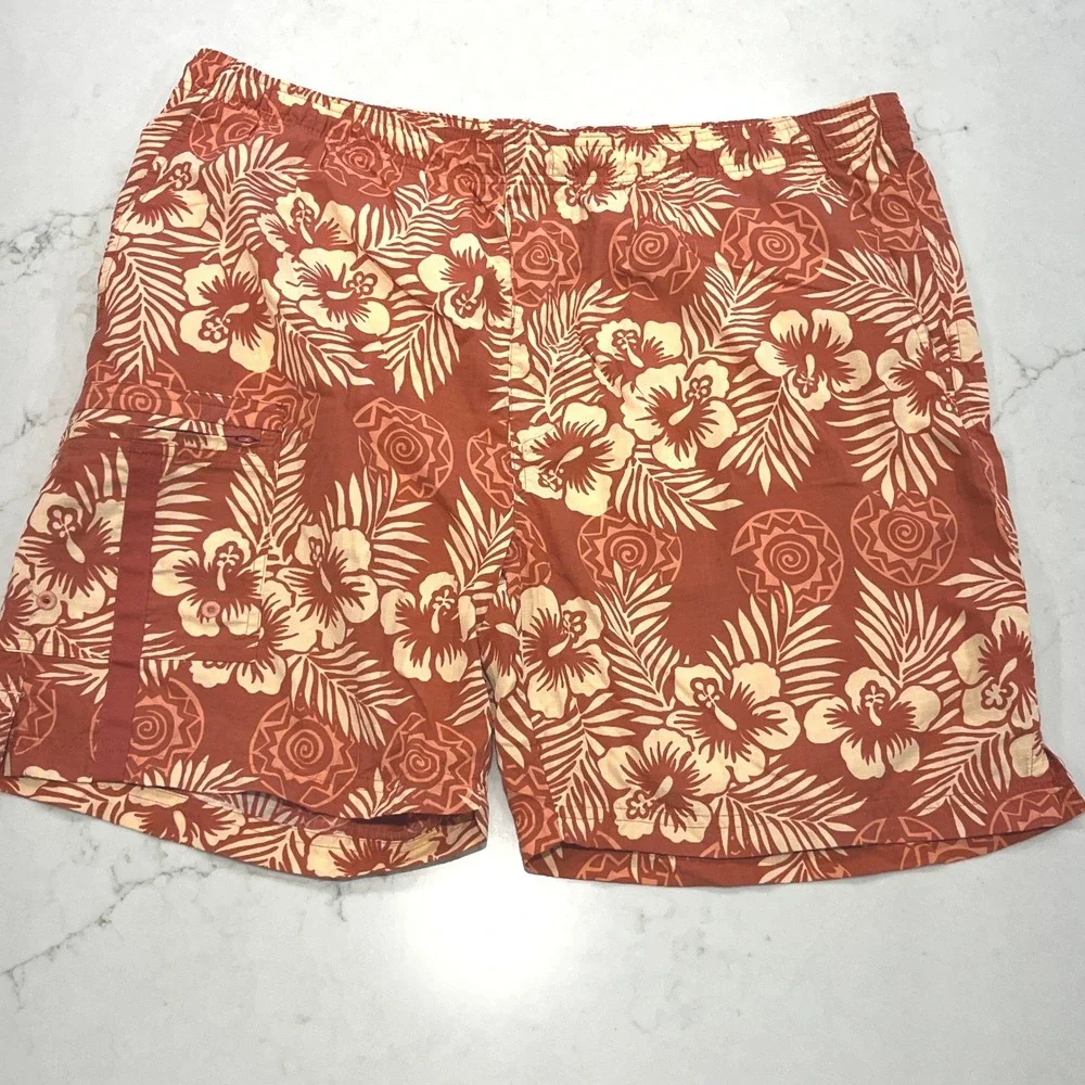 Tommy Bahama Swim Trunks Mens XL Orange Nylon Vtg Lined‎ Hibiscus Cargo Pocket